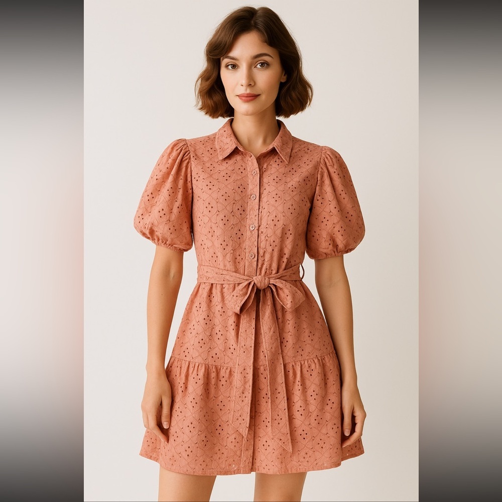 Vintage-Inspired Crown & Ivy Eyelet Dress Puff Sleeves Embroidered Tie Waist XL